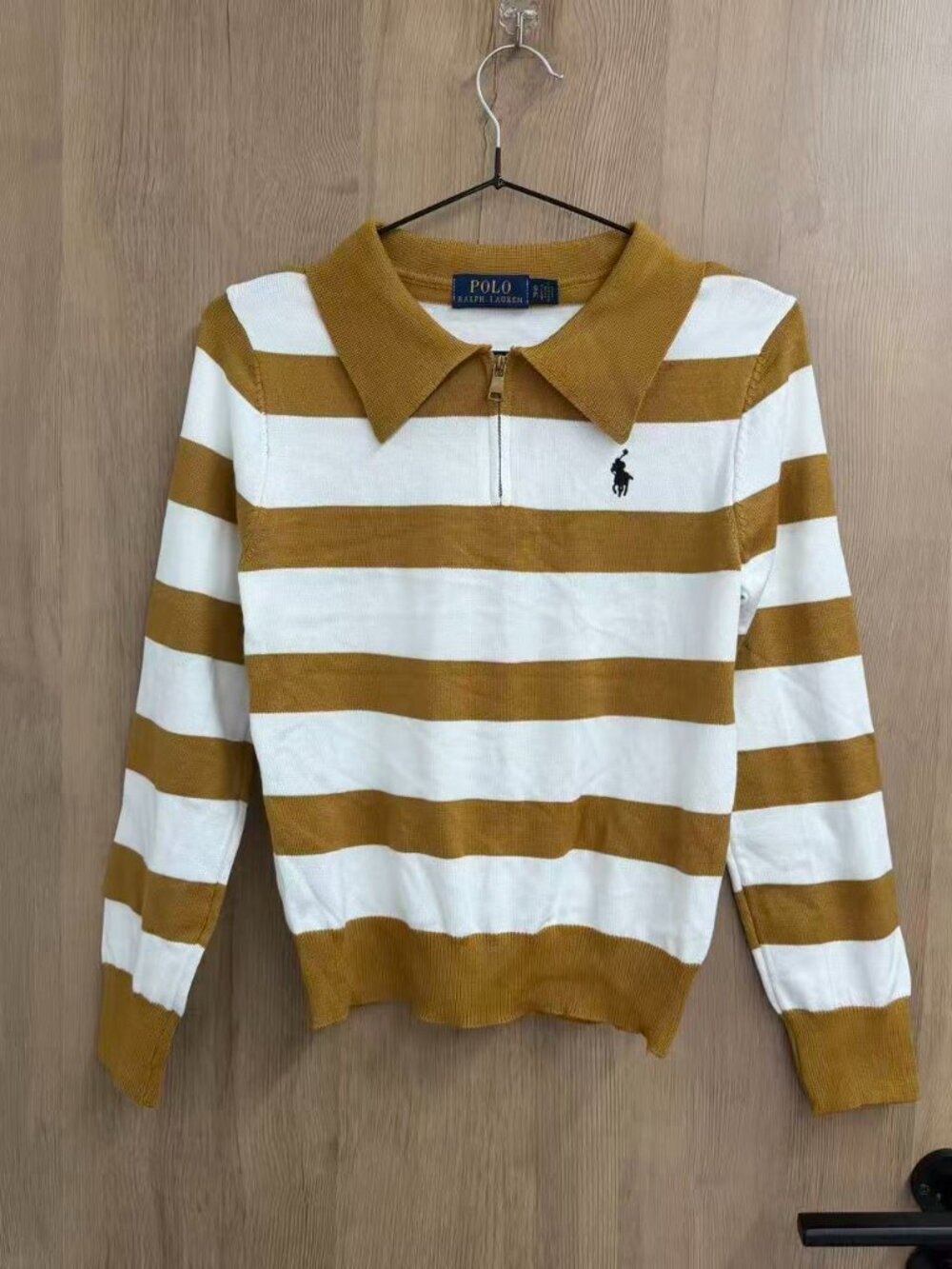 🤎Polo Ralph Lauren Mustard White Stripe Half Zip Collared Knit Top - Picture 3 of 5